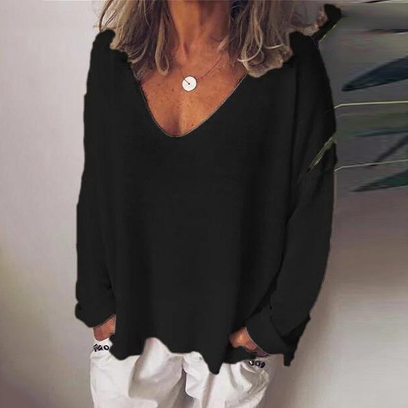 V Neck Comfy Linen Cotton Long Sleeve Shirt