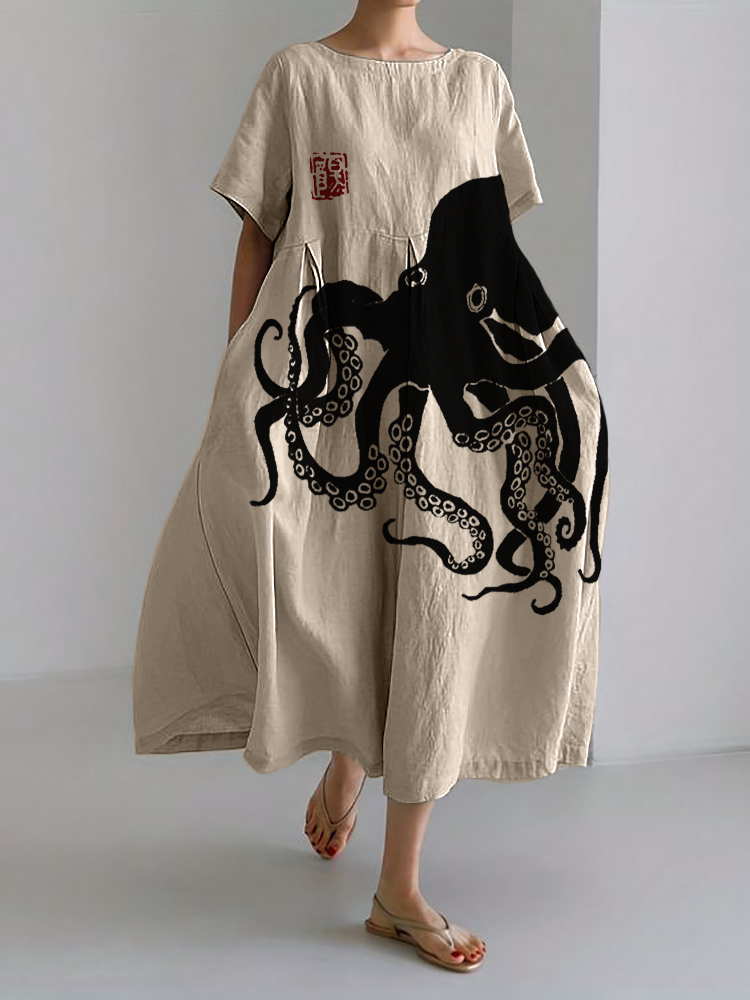 Octopus Japanese Lino Art Linen Blend Maxi Dress