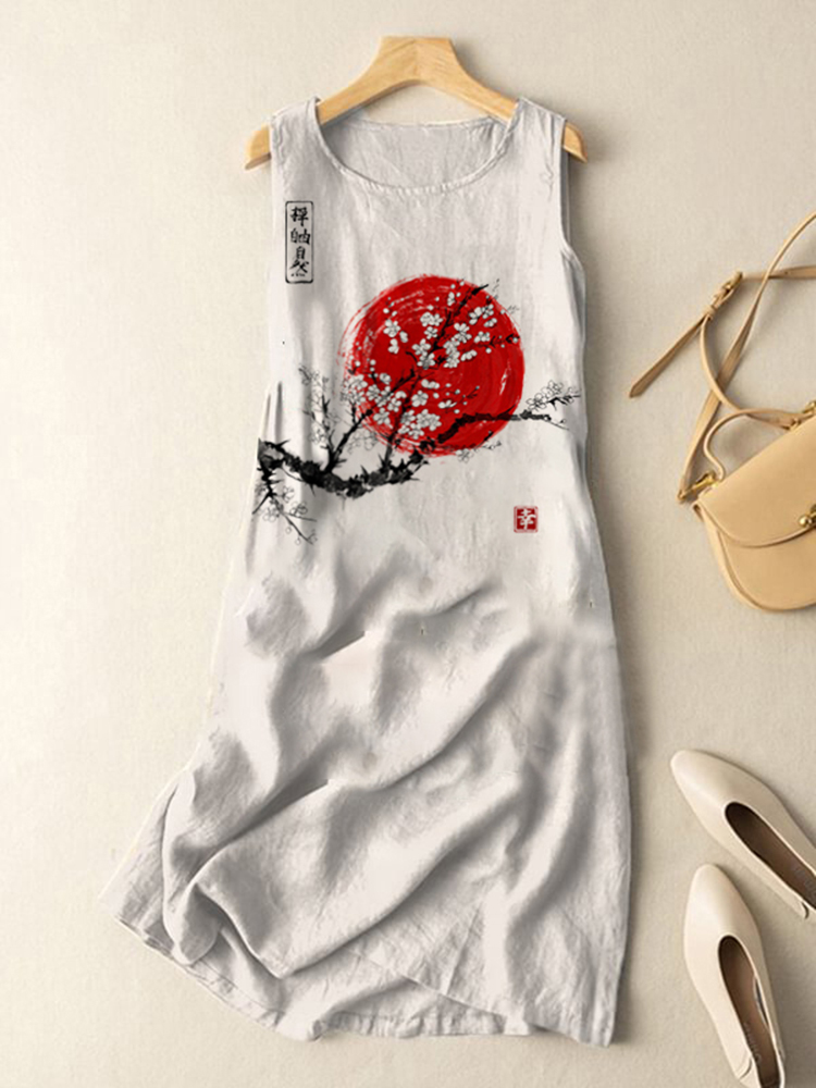 Vintage Japanese Ink Flower Sunrise Art Print Sleeveless Cotton And Linen Midi Dress