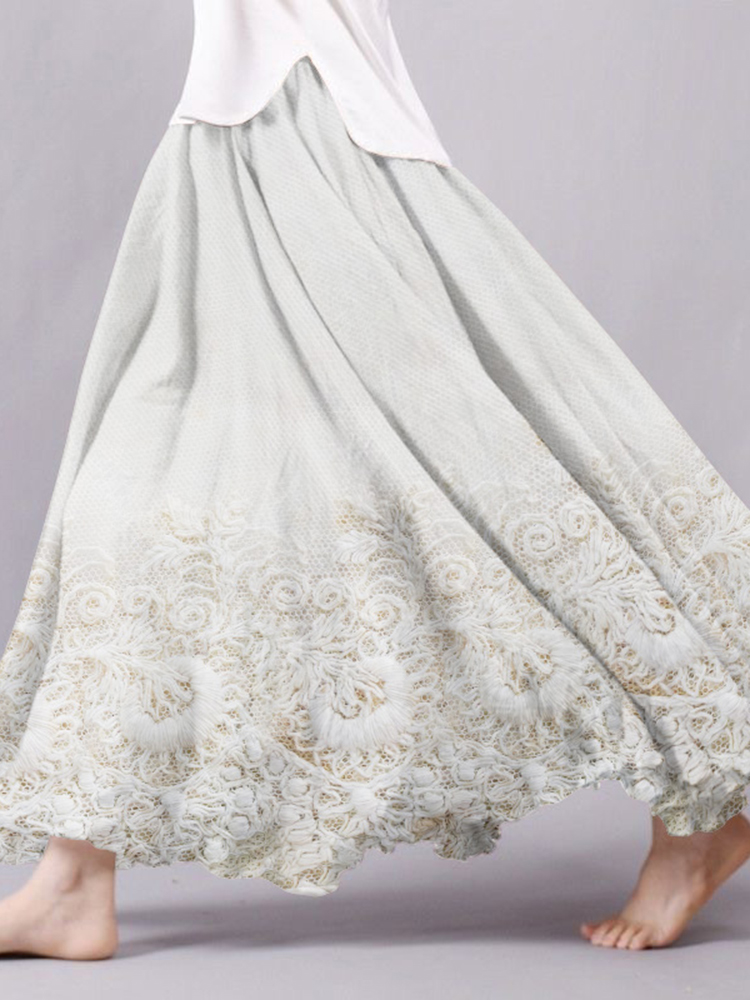 Floral Embroidered Art Print Linen Blend Flowy Skirt
