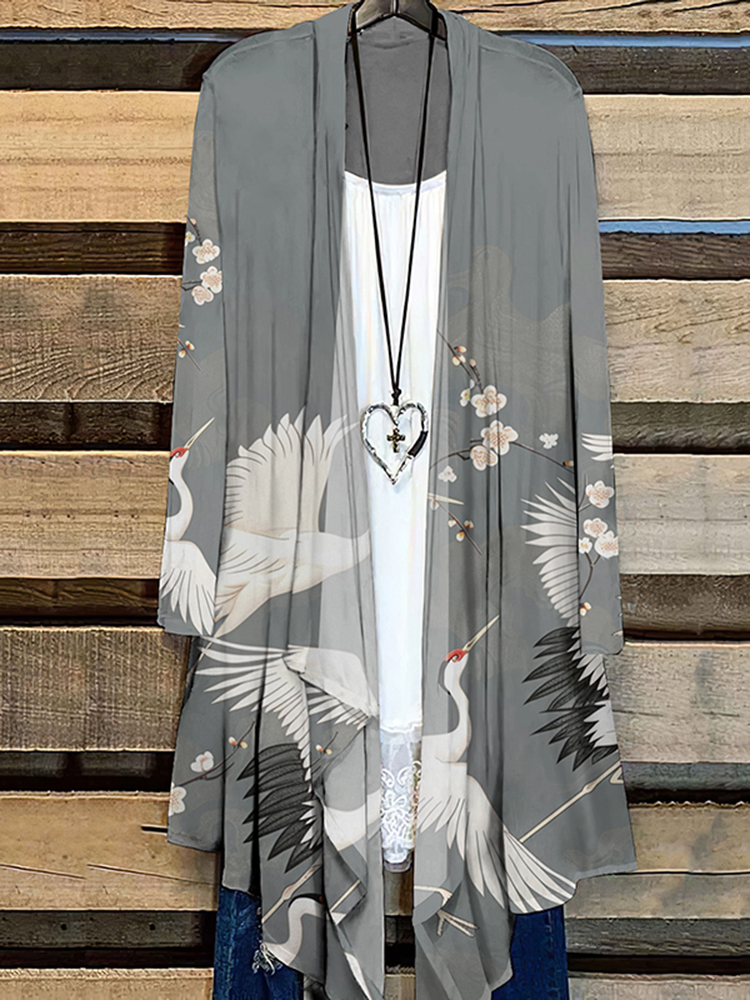 Crane Print Long Sleeve Casual Cardigan
