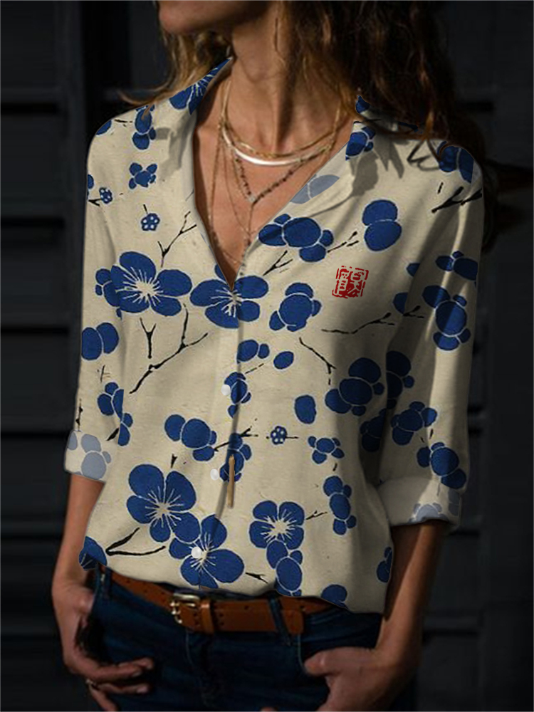 Cherry Blossom Japanese Lino Art Flowy Blouse