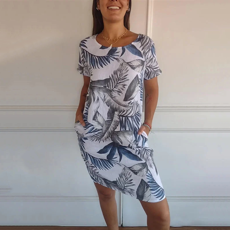 Fashionable Plant Cotton And Linen Round Neck Women'S Dress