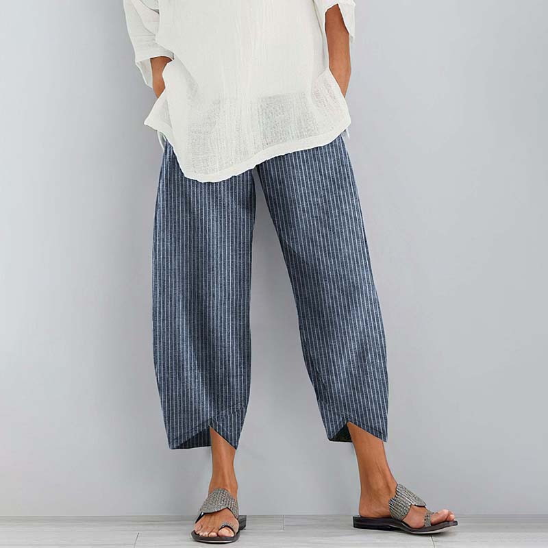 Women‘s Stripes Pocket  Linen Blend Comfy Pants