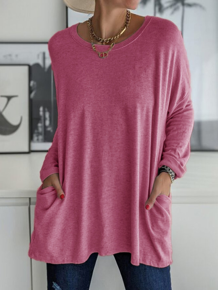 Solid Pocket Round Neck Long Sleeve T Shirt