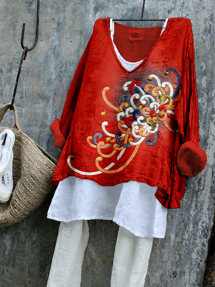 Embroidered Japanese Flower Art Linen Blend Tunic