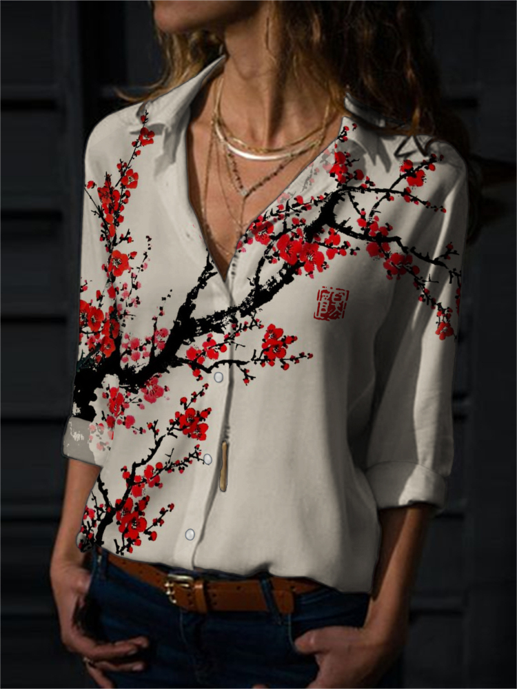 Plum Blossom Ancient Asian Brush Art Flowy Blouse