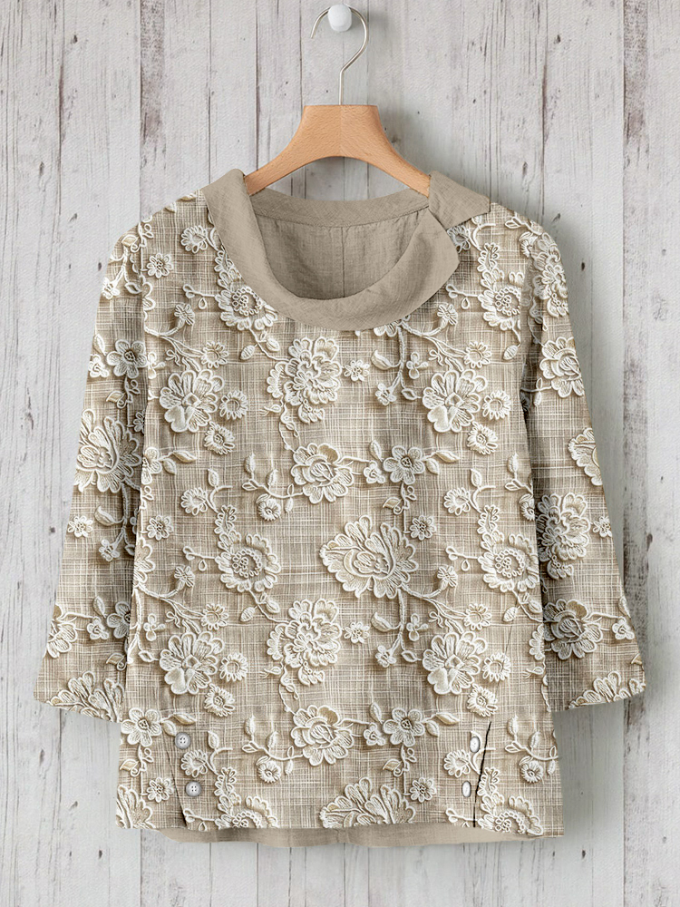 Floral Lace Embroidered Linen Blend Cozy Shirt