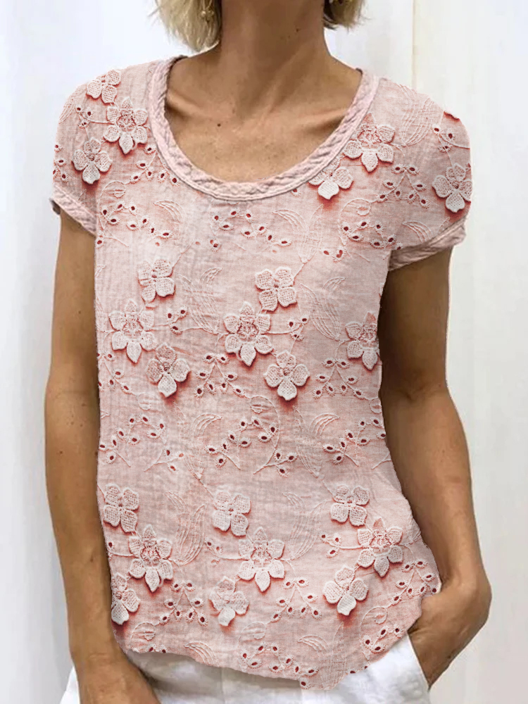 3D Floral Embroidered Lace Linen Blend Tunic