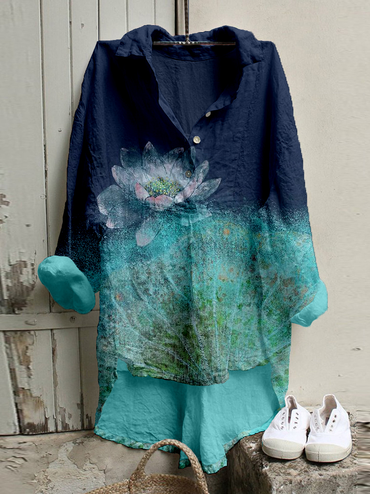 Vintage Lotus Flower Art Linen Blend High Low Tunic