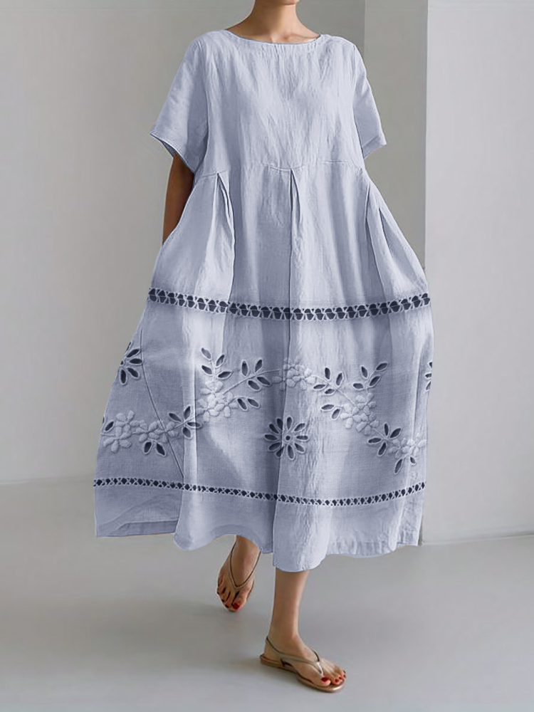 Vintage Floral Hollow Embroidered Linen Blend Maxi Dress