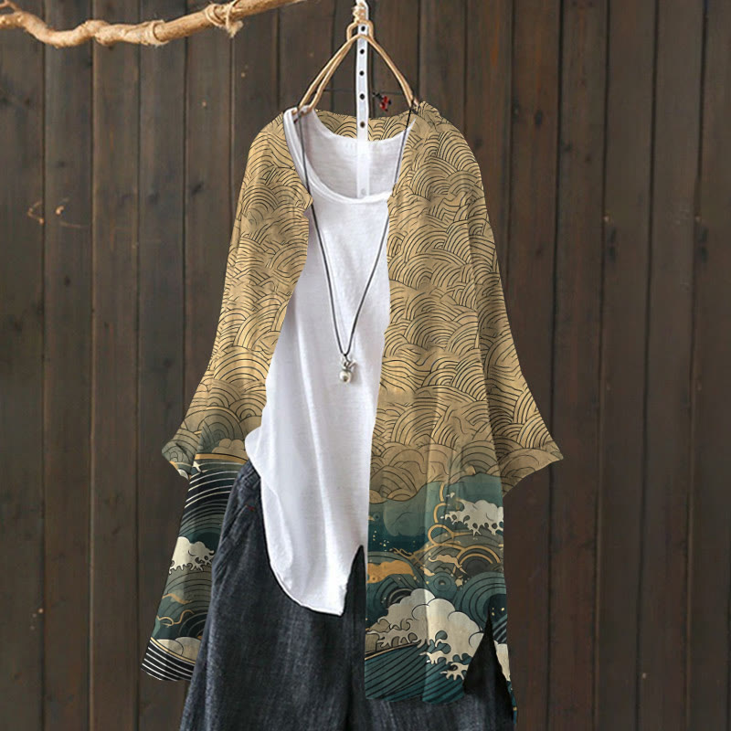 Japanese Art Print Linen Blend Casual Cardigan