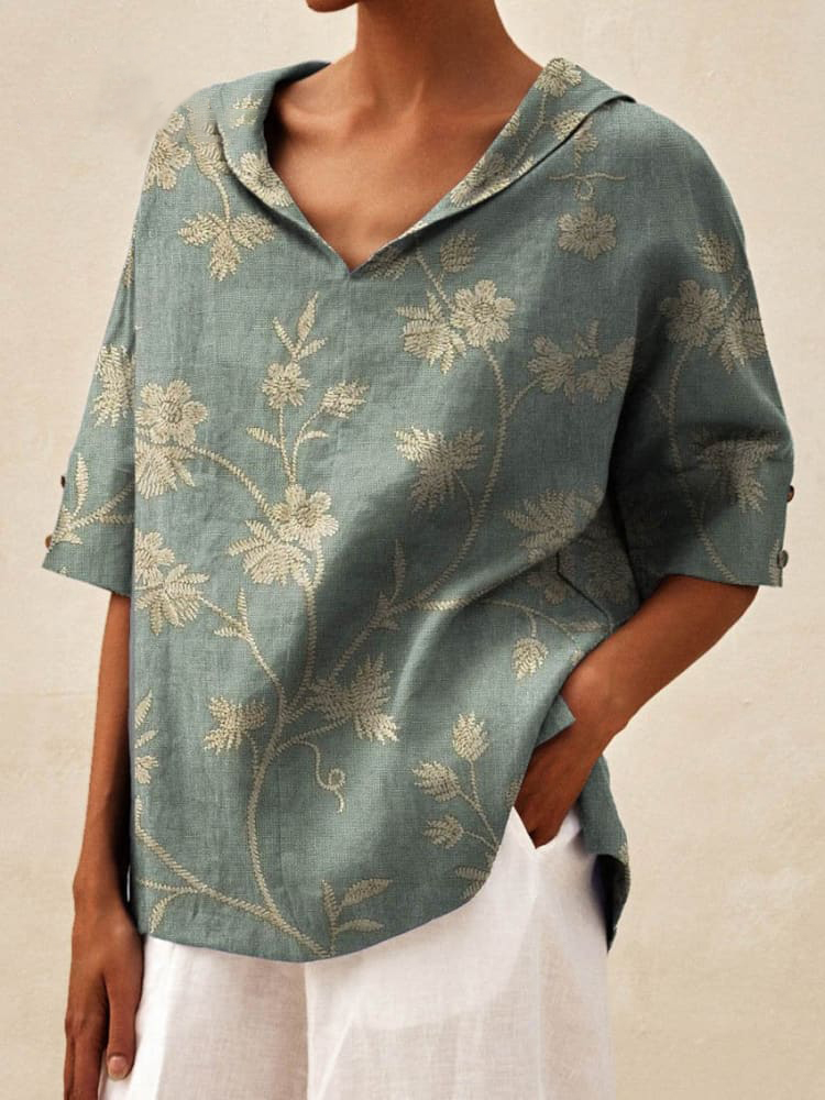 Women's Art Print Casual Linen V-Neck Shirt
