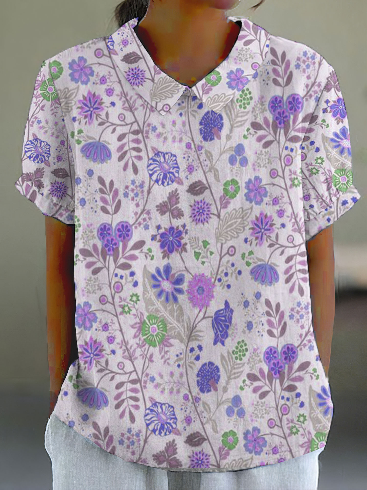 Women's Pastoral Floral Art Print Casual Cotton Linen Shirt