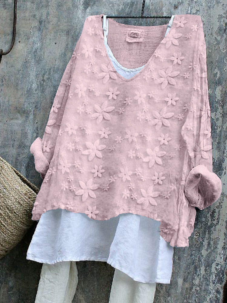 Floral Lace Embroidered Linen Blend Tunic