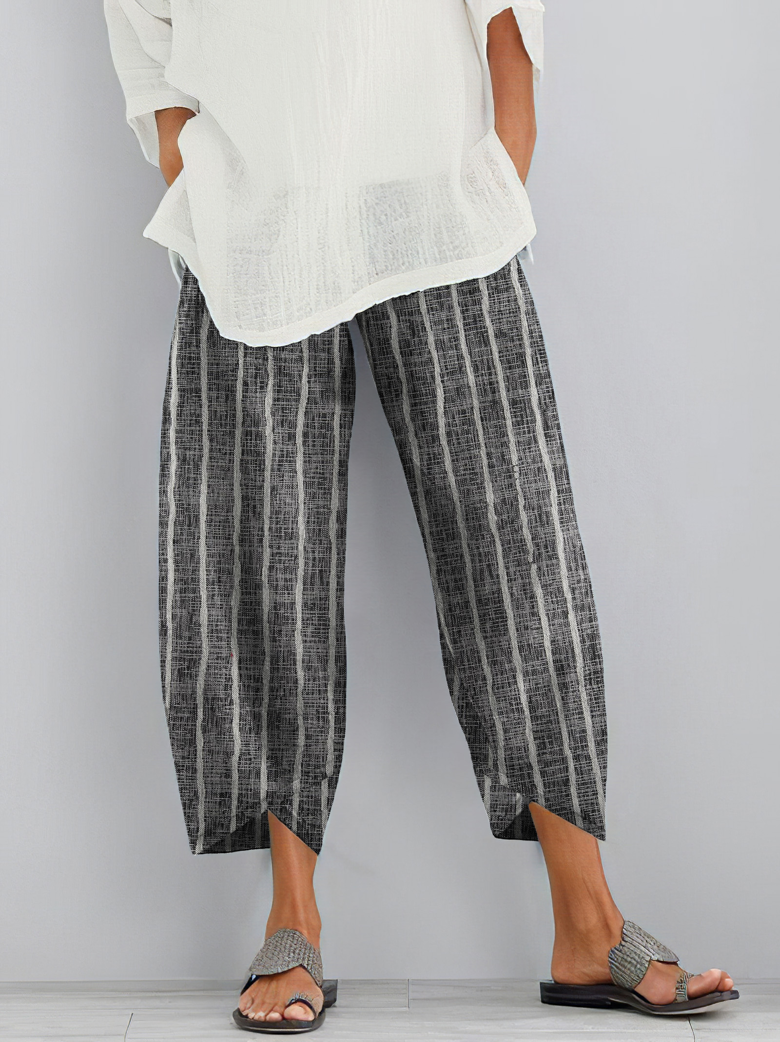 Women Vintage Stripes Printed Comfy Pocket Pants