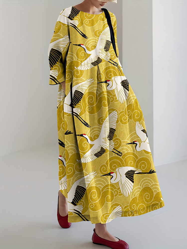 Japanese Art Crane Print Round Neck Loose Midi Dress