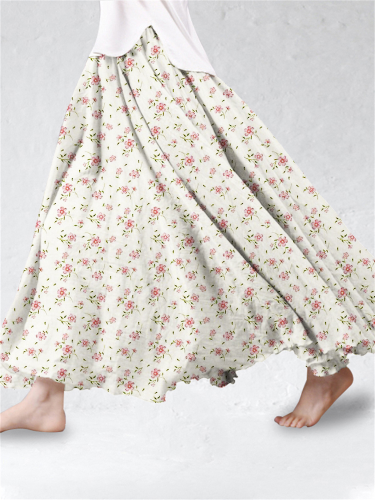 Cottage Floral Linen Blend Flowy Wide Skirt