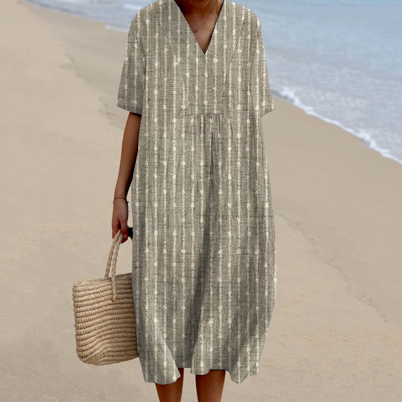 Women Vintage Stripes Casual V Neck Midi Dress