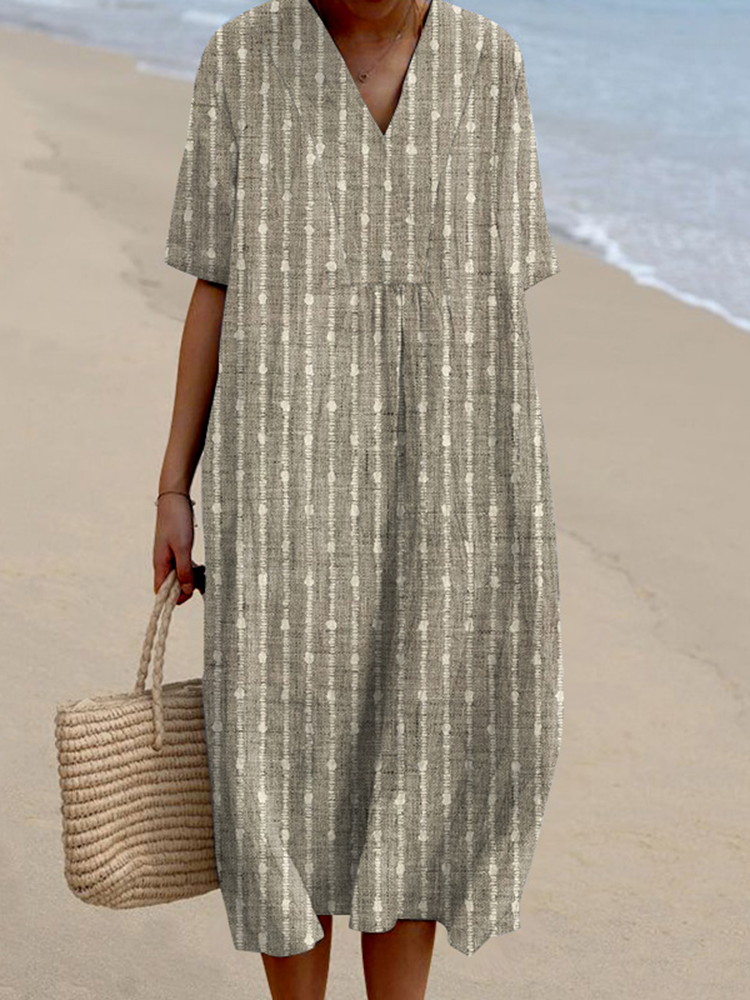 Women Vintage Stripes Casual V Neck Midi Dress