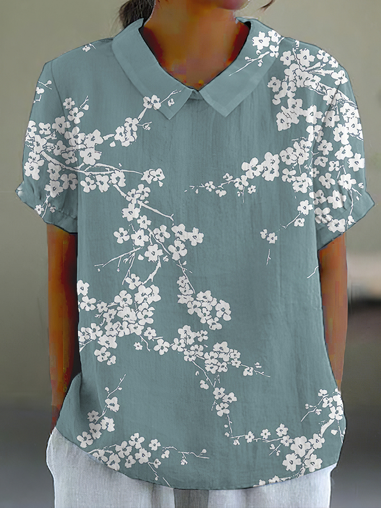 Cherry Blossom Japanese Print Casual Cotton Linen Shirt