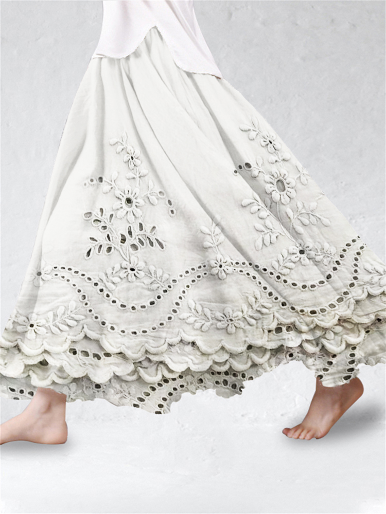 Cottage Floral Embroidered Lace Hem Linen Blend Flowy Skirt