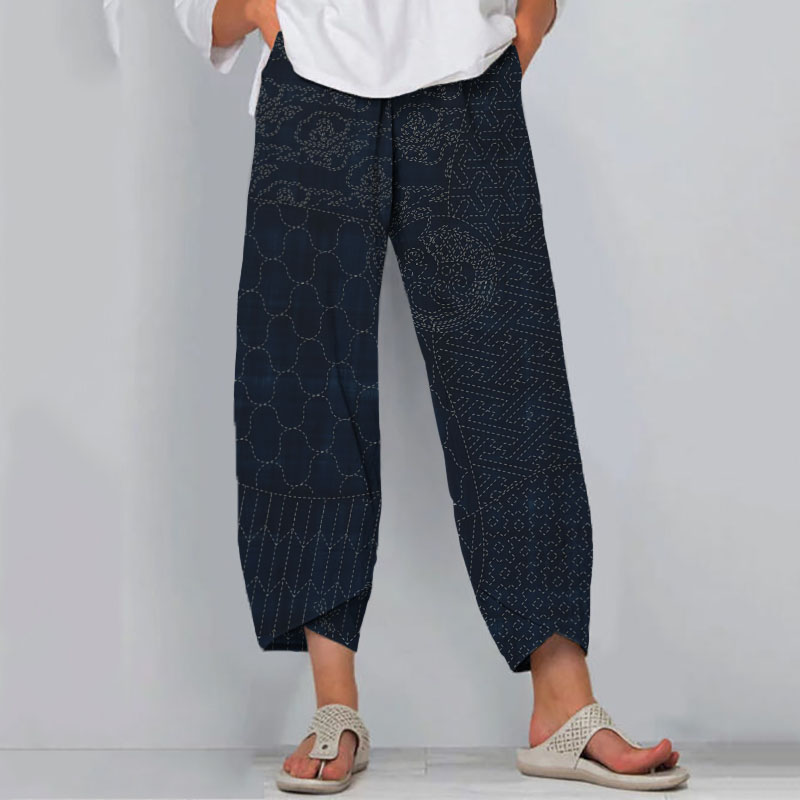 Retro Japanese Traditional Sashiko Art Pattern Cropped Casual Pants