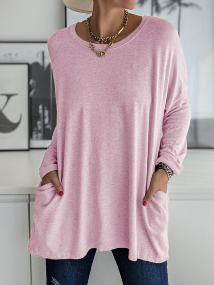 Solid Pocket Round Neck Long Sleeve T Shirt