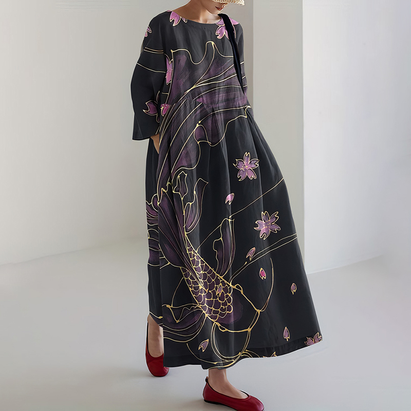 Japanese Art Fish Print Loose Midi Dress