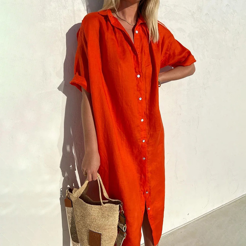 Button Down Comfy Linen Cotton Midi Dress