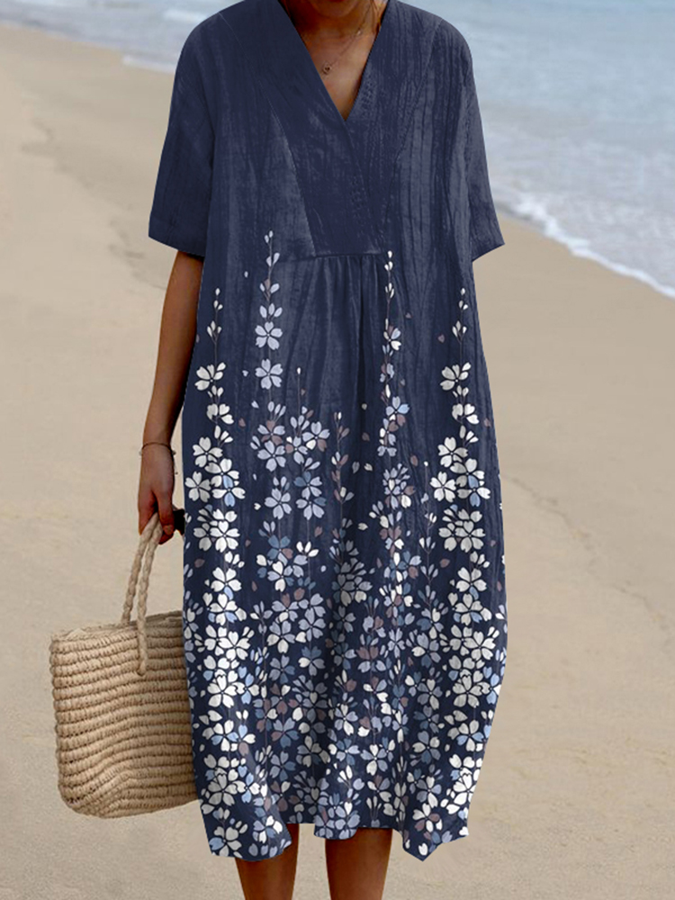 Vintage Floral Art Casual V Neck Midi Dress