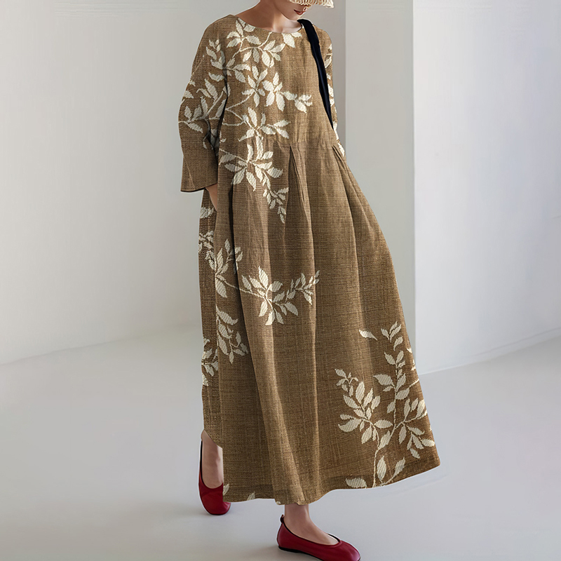 Japanese Art Flower Print Long Sleeve Casual Midi Dress