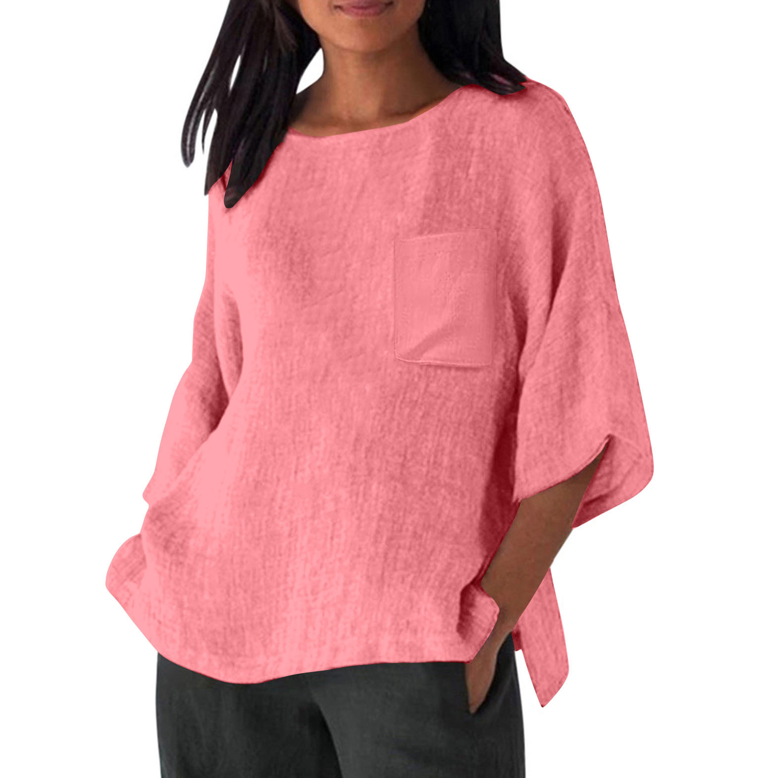 3/4 Sleeved Round Neck Pocket Loose Casual Shirt