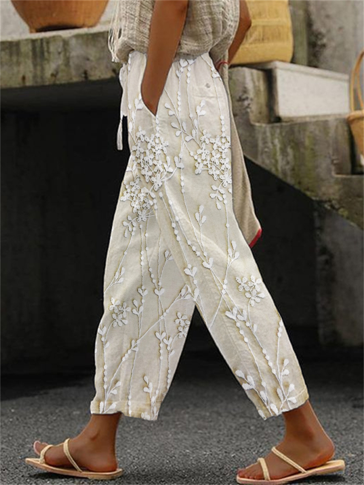 Classy Floral Lace Embroidered Linen Blend Cropped Pants