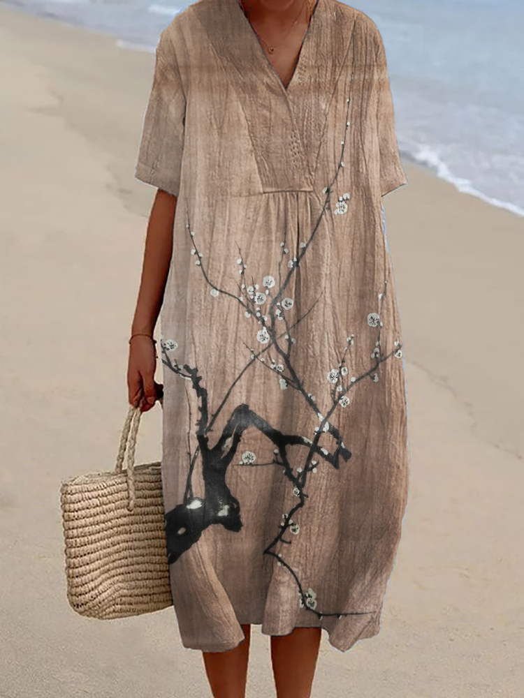 Simple Plum Blossom Japanese Art Linen Blend Dress