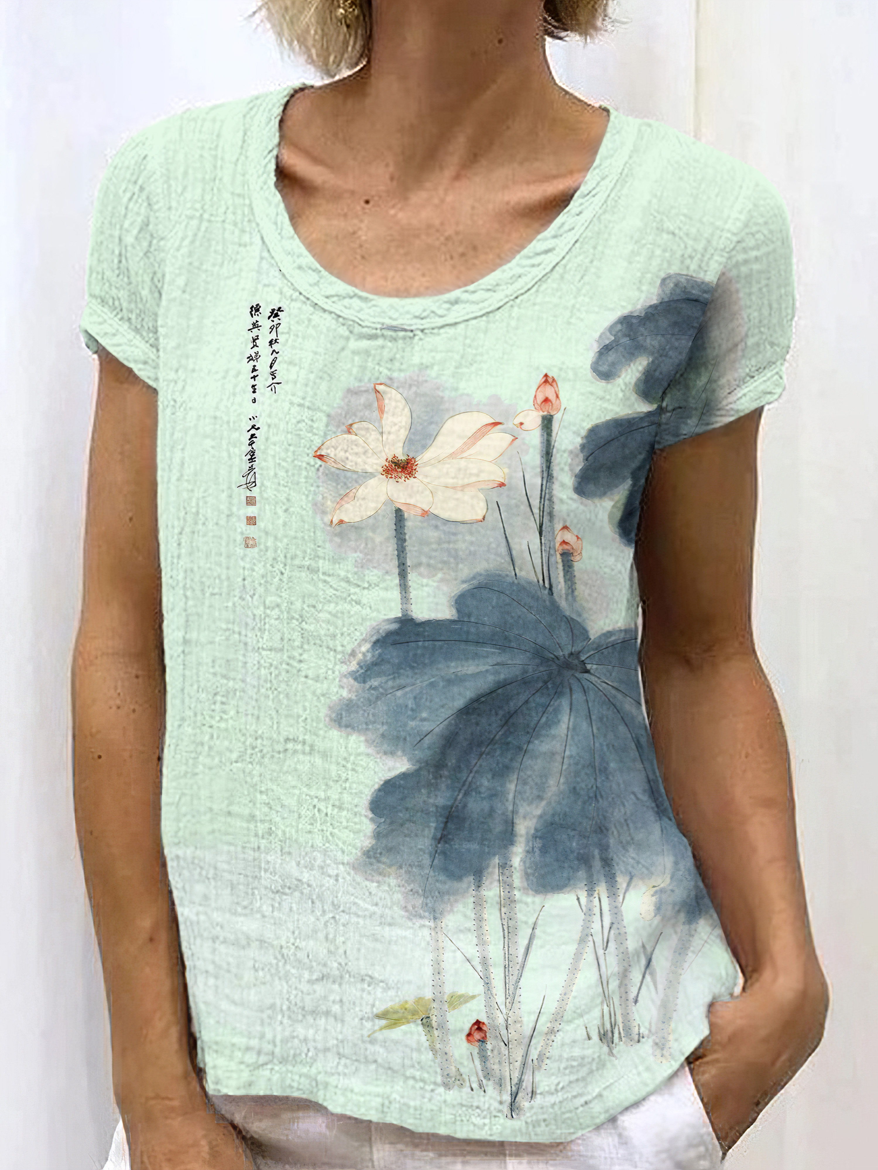Japanese Retro Orchid Ink Wash Painting Art Linen Casual T-Shirt