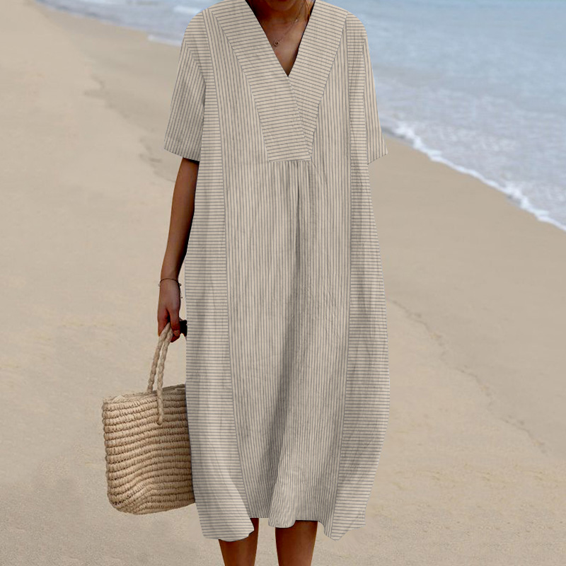 Striped Printed V-Neck Short Sleeved Loose Midi Dress