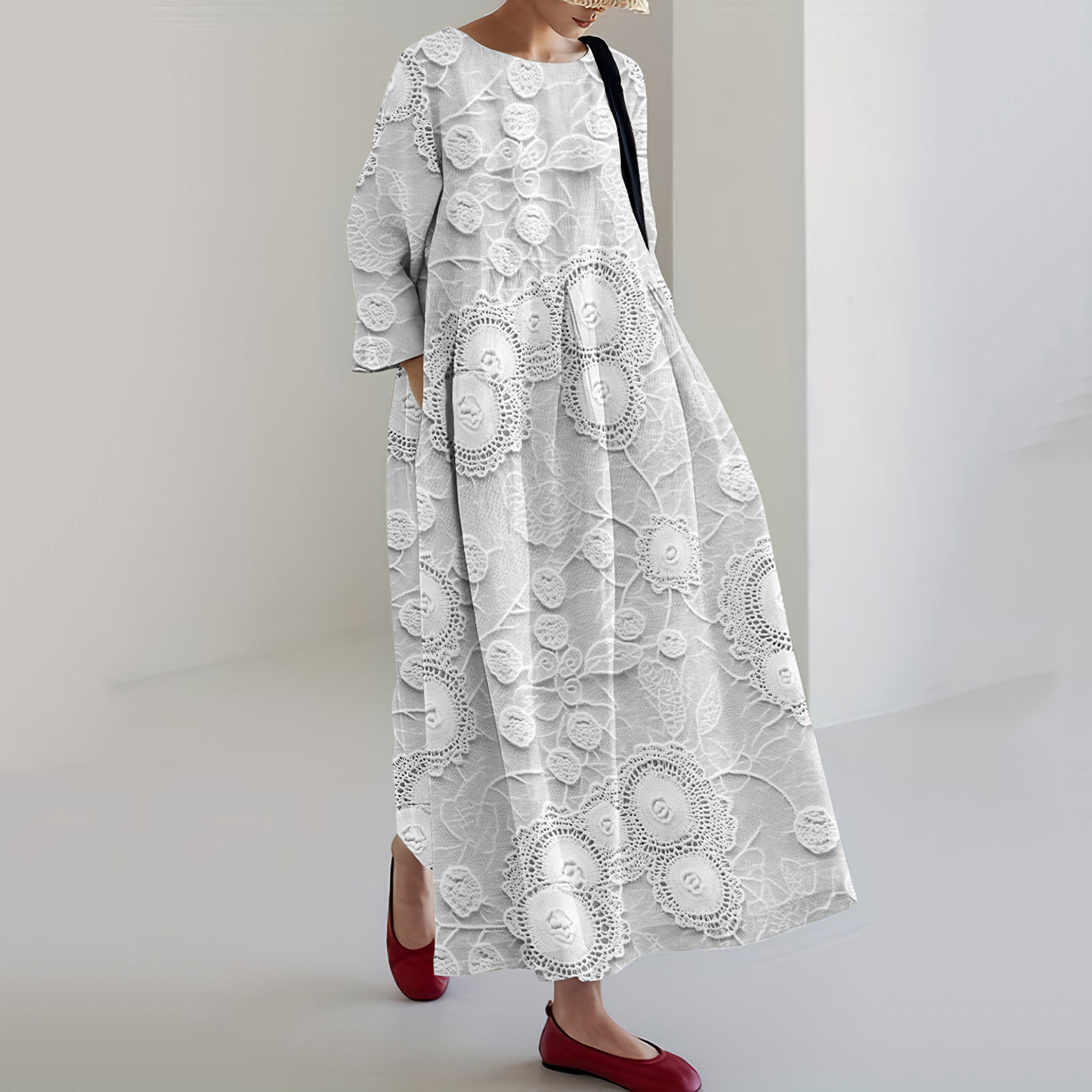 Lace Floral Print Crew Neck Midi Dress