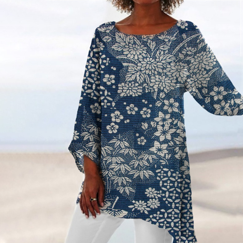 Vintage Japanese Art Print Round Neck Loose Blouse