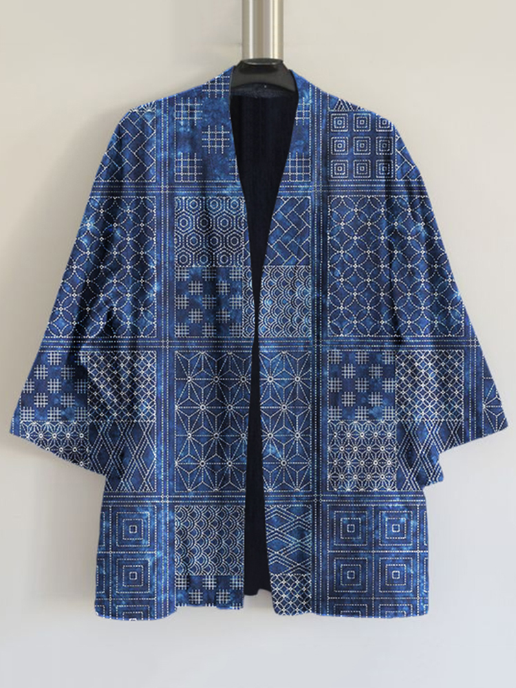 Japanese Traditional Sashiko Floral Patchwork Art Print Linen Blend Kimono Cardigan