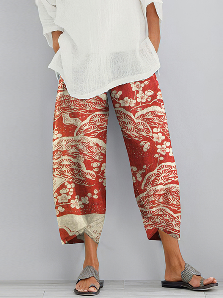 Vintage Plum Blossom Printed Pocket Casual Pants