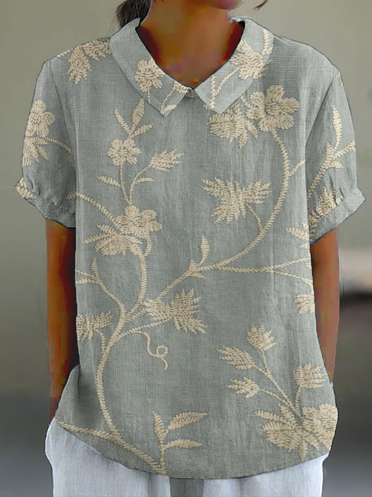 Women'S Retro Floral Art Print Casual Cotton Linen Shirt