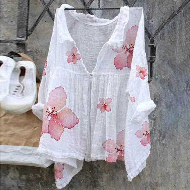 Pink Floral Pattern Ladies Casual Floral Print Cotton Linen Shirt