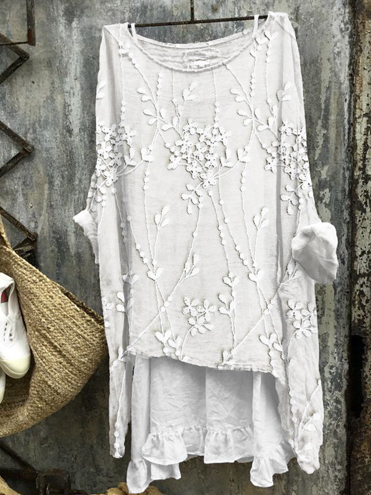Classy Floral Lace Embroidered Oversize Linen Blend Tunic