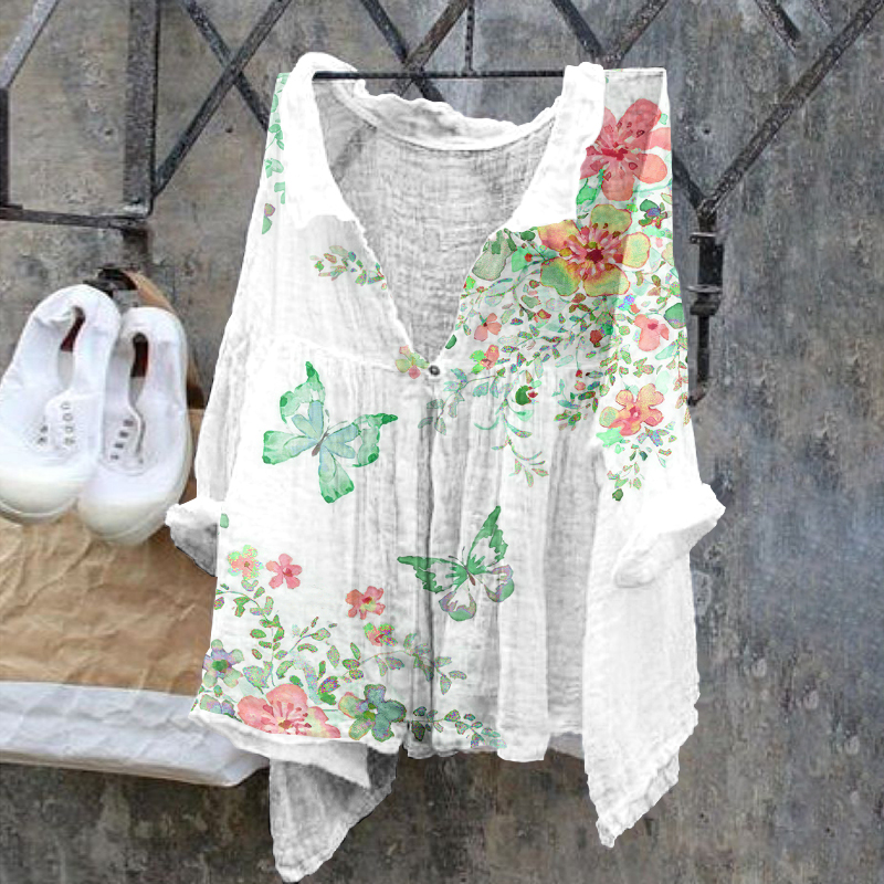 Butterfly Retro Cotton Linen Casual Floral Print Cotton Linen  Shirt