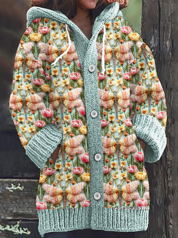 Dragonfly Flower Art Print Knitted Hooded Cardigan