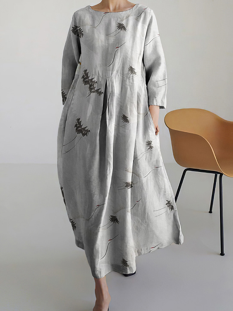 Casual Cotton And Linen Crane Print Women'S Round Neck Dress