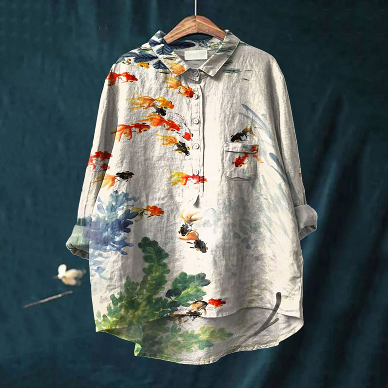 Women's Watercolor Fish Art Print Casual Cotton And Linen Shirt