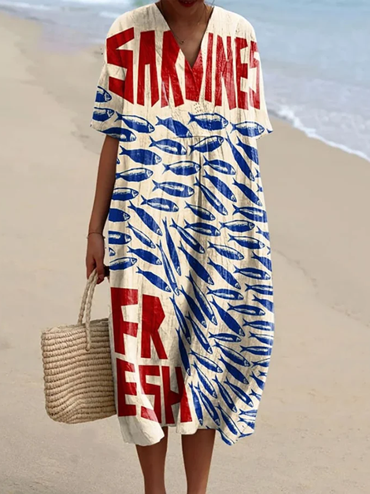 Vintage Fish Sardines Art Pattern Printed Women's Flowy Dress