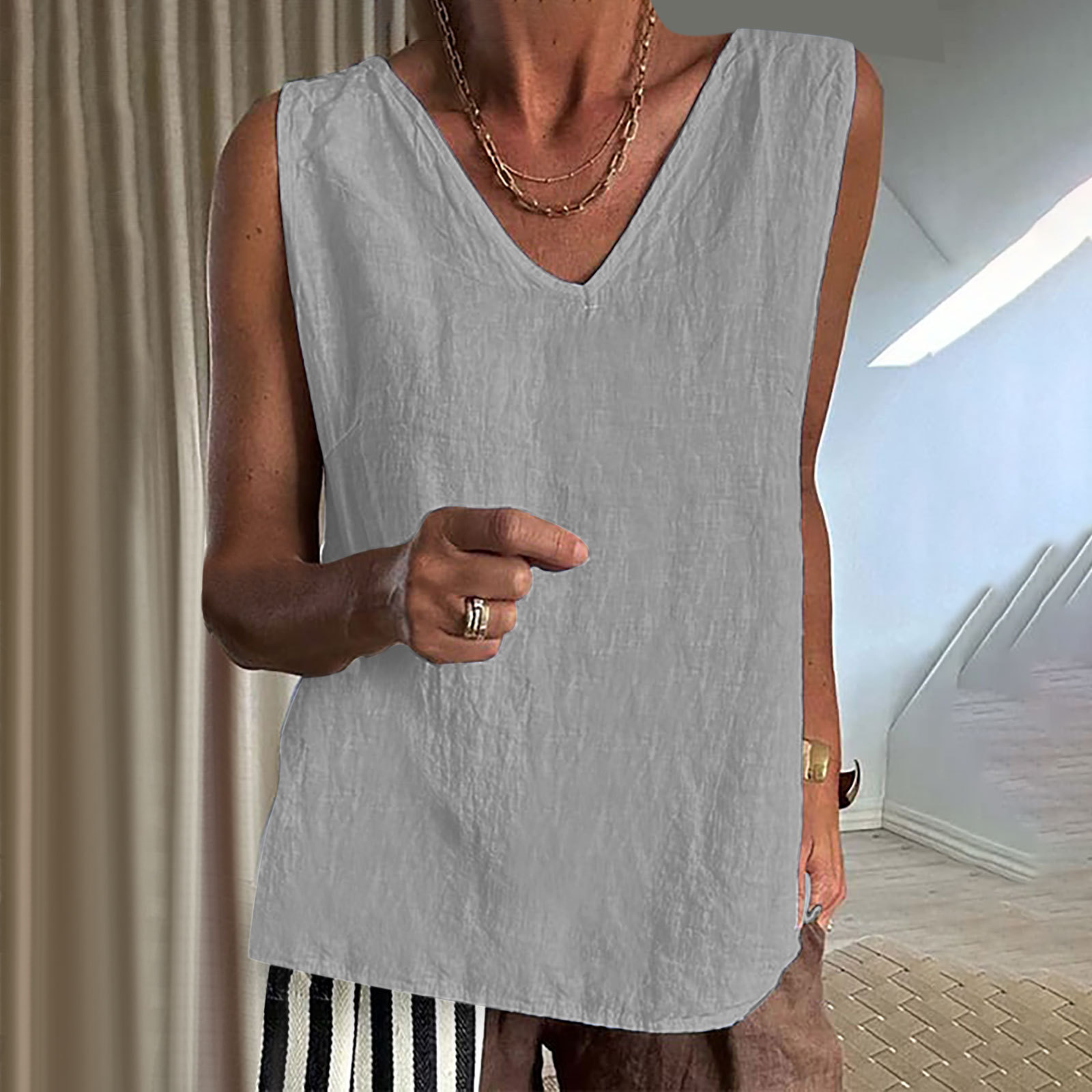 Women'S Cotton And Linen V-Neck Casual Solid Color Tank Top